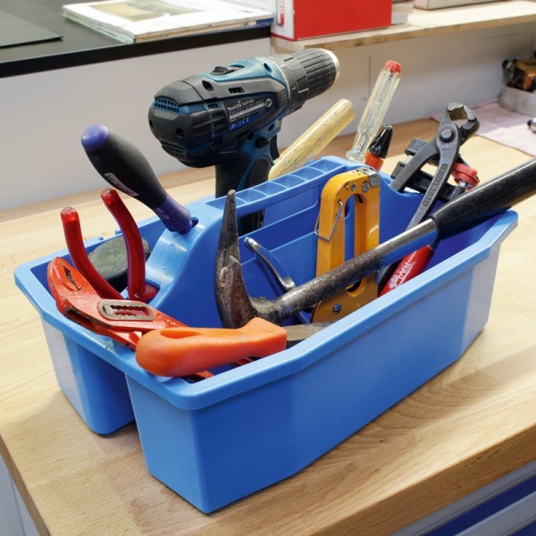Putz- und Werkzeugbox mit Kunstoffhaken farblich sortiert